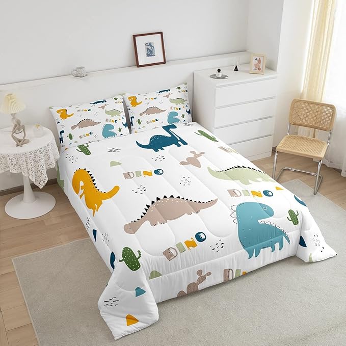 Feelyou Cute Dinosaur Comforter Set Cartoon Cactus Bedding Set Decor Jungle Dino Boho Succulent Comforter Wild Animal Pattern Yellow Grey Duvet Set Bedroom Quilt Set 3Pcs Queen