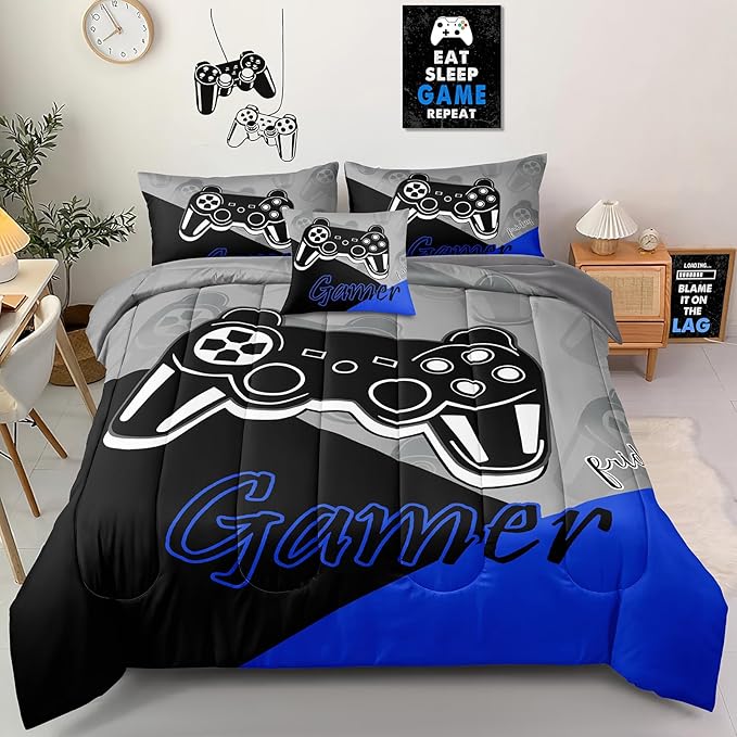 6 Pieces Gaming Bedding Set Full Size for Boys Gamer Comforter Set for Boys Girls Kids Teens 6 Piece Bed in A Bag Video Game Bedding for Gamer Room Decorative Full50