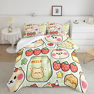 Datura home Kawaii Strawberry Bear Comforter Bedding Set for Kids Boys and Girls Teens,Cute Cartoon Fruit Print Light Green with 1 2 Pillowcases(Kawaii Full), Full 80x90inches