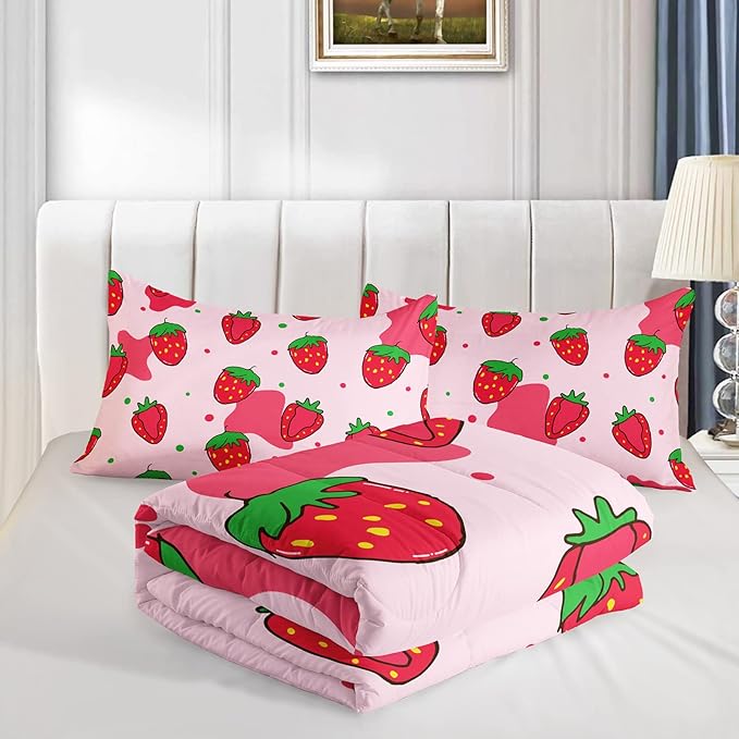 Kawaii Comforter Queen,Pink Strawberry Comforter Set for Kids Teens Girls,3Pcs Bedding Set Printed Comforter with 2 Pillowcases,Down Alternative,Soft and Lightweight，Queen Size