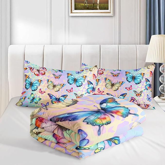 Datura home Kids Comforter Set Butterfly Printed Pattern Bedding Set with 1 Comforter and 2 Pillowcases for Girls Boys Bedroom All Season(Butterfly0 Queen)