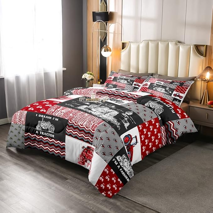 Erosebridal Red Tractor Bedding Set for Boys Queen,Construction Tractor Comforter Set Kids Teens Equipment Trucks Down Comforter Black White Construction Vehicle Quilt Set Bedroom Decor