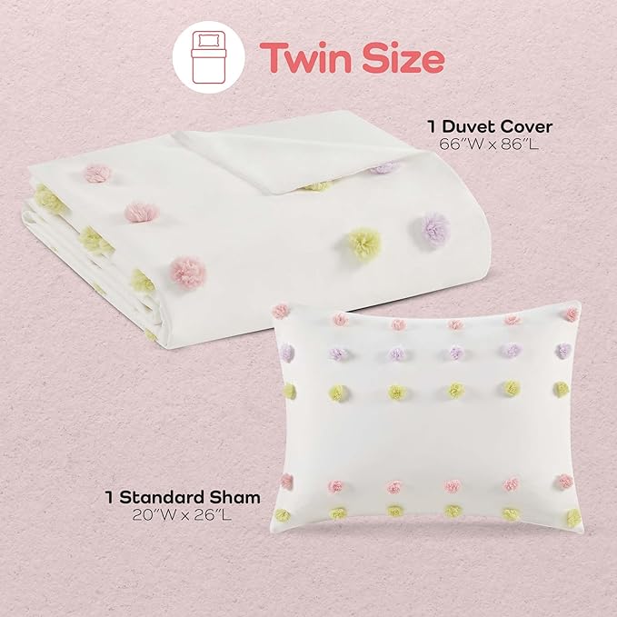 Mi Zone Kids Twin Duvet Cover Set, Fun and Adorable Multi-Color Clipped Jacquard Pompom Bedding, All Seasons Soft Microfiber Cozy & Breathable Duvet Cover, Sham, Cora, Twin Pink Multi 2 Piece