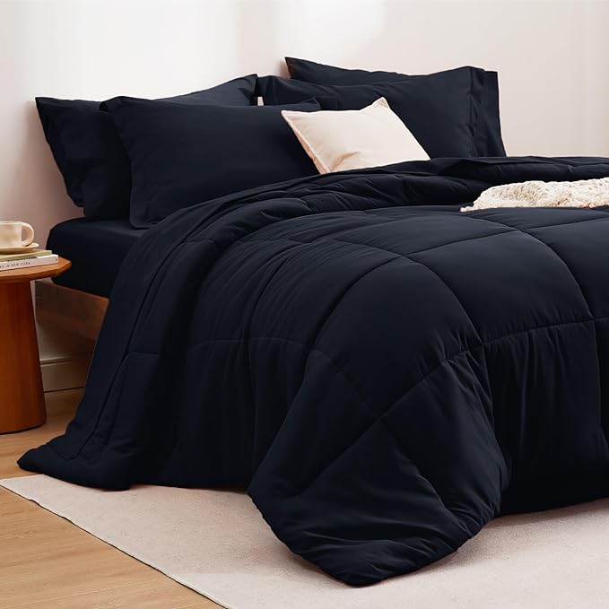 Bedsure Black Twin Comforter Set - 5 Pieces Solid Twin Bed in a Bag, Twin Bed Set Black with Quilted Warm Fluffy Comforters, Sheets, Pillowcase & Sham