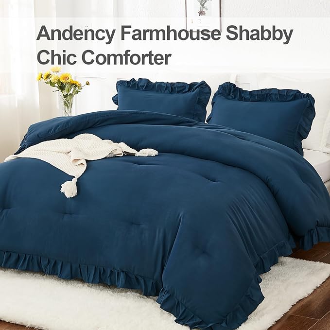 Andency California King Comforter Set Navy Blue, 3 Pieces Cal King Solid Ruffle Shabby Chic Bedding Comforter, Oversized Lightweight Soft Microfiber Bed Comforter