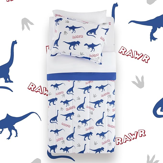 SLEEP ZONE Cartoon Dinosaur Comforter Set, Dark Blue Kids Bedding Set for Boys, Dinosaurs Print Comforter, Sheet, Pillowcase & Sham (Dinosaur Footprints, Twin)