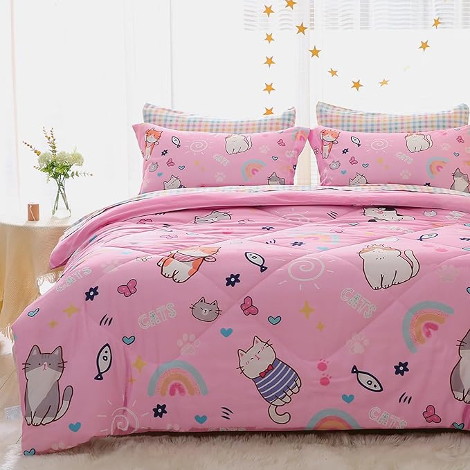 Pink Cats Comforter Set Twin Size for Girls Kids Teens 7 Piece Cute Animal Fish Butterfly Bed in A Bag Cartoon Rainbow Star Sun Heart Bedding Set All Season Lightweight