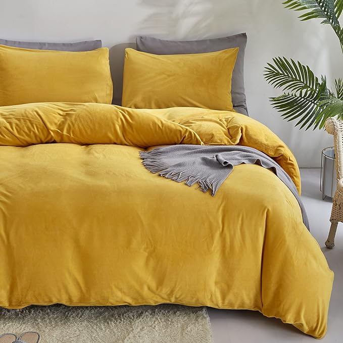 Wellboo Mustard Velvet Comforter Sets Queen Women Turmeric Yellow Fluffy Bedding Comforters Teen Girls Dark Yellow Plush Quilts Soft Warm Winter Flannel Blankets Solid Yellow Luxury Shaggy Crystal Bed