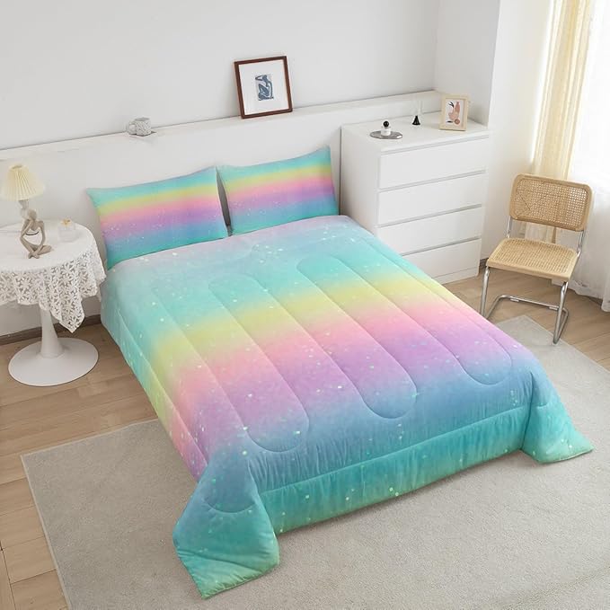 Erosebridal Blue Gradient Bedding Rainbow Tie Dye Bedding Comforter Sets for Kids Boys Girls Bedroom, Galaxy Glitter Comforter Set Pastel Watercolor Sparkle Quilt with 2 Pillowcases, Queen