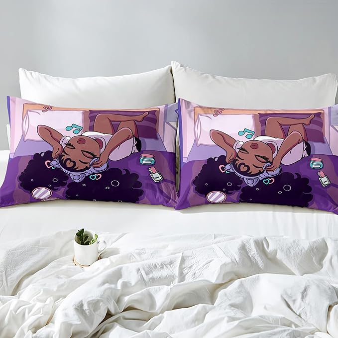 African American Black Girl Comforter Set Twin Size, Black Girls Magic Duvet Comforter for Kawaii Bedroom Decor, Black Girl Love Music Purple Bedding Set with 1 Comforter +1 Pillowcase