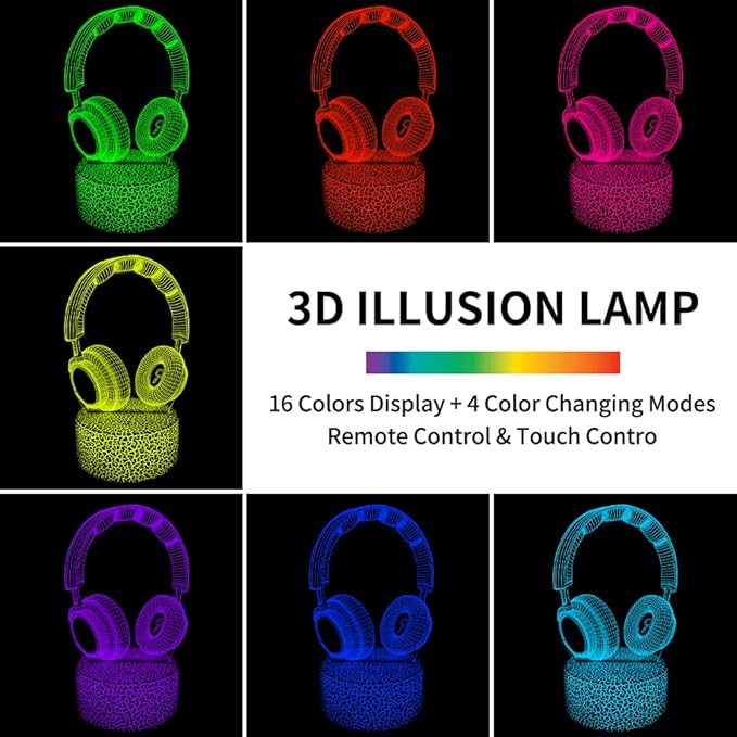 3D Headphone Night Light,3D Headset Illusion Lamp with 16 Colors Changes and Remote Control,Bedroom Decor, Table Lamp for Family, Friends
