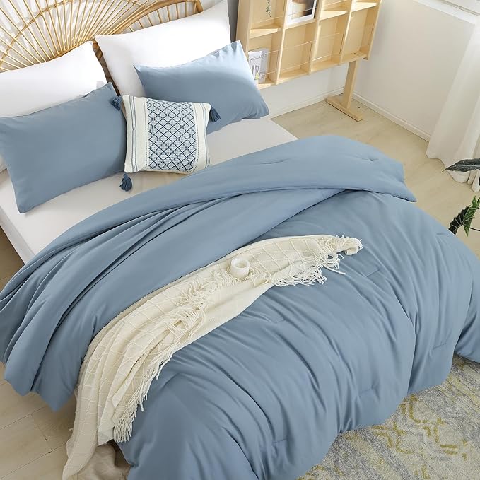 Dusty Blue Comforter Set Twin Boho Grayish Blue Twin Comforter with 1 Pillowcases - Soft Lightweight Cozy Bedding Set for All Season - Beige Comforter Twin Size for Women Teens Kids
