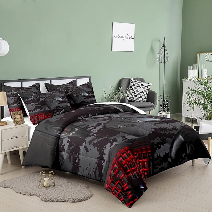 Tailor Shop Gaming Comforter Set Queen Size for Boys, Black Camouflage Gamer Bedding Sets for Boys Kids Teenage, All Season 3 Piece Gaming Bed Set with 1 Comforter and 2 Matching Pillowcases……