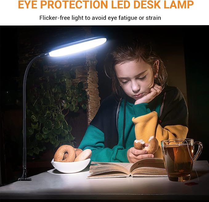 LED Desk Lamp with Clamp, 10W Flexible Gooseneck Swing Arm Clip Lamp with USB Plug, 3 Color Modes, 30 Brightness Levels, Eye-Caring Portable Desk Light for Home Office Reading Working (Black)