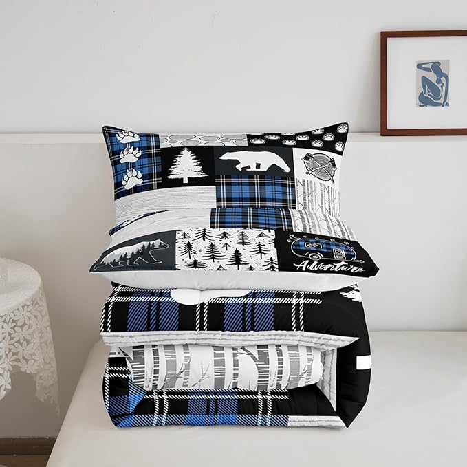 Bear Paws Comforter Set Queen Size,Pine Trees Geometric Plaids Patchwork Bedding Set for Kids Boys Girls Adults Room Decor,Hunting Adventure Down Comforter,Blue Rustic Duvet Insert,2 Pillowcases
