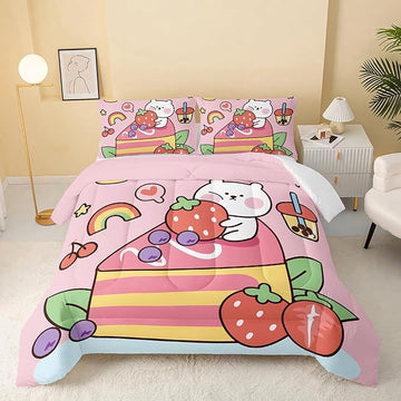 Kawaii Bear Comforter Queen,Pink Bear Comforter Set for Kids Teens Girls,3Pcs Bedding Set Printed Comforter with 2 Pillowcases,Down Alternative,Soft and Lightweight，Queen Size