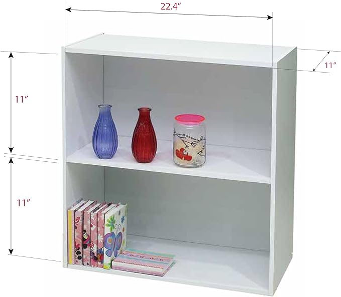 KB Designs 2 Tier Open Shelf Bookcase Storage Organizer, White Wood, Contemporary.