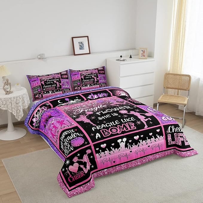 Cheerleading Comforter Set Cheer Gifts,Cheerleader Loves Bedding Set for Kids Girls Teens Adult,Cheer Pink (no real) Sequins Quilt Set Queen Geometric Plaid Patchwork Duvet Insert with 2 Pillowcases