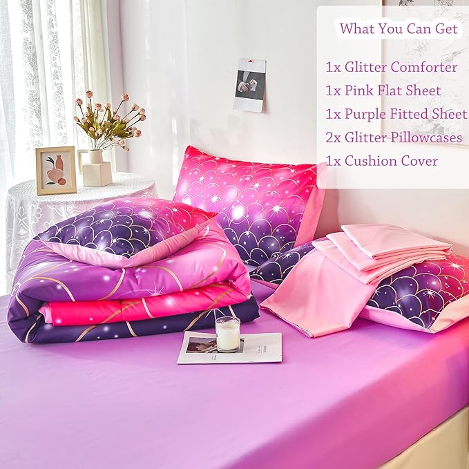 URBONUR 6Pcs Twin Comforter Set for Girls Pink and Purple Mermaid Printed Kids Bedding Set, Soft Microfber Gilrs Twin Bed Sets