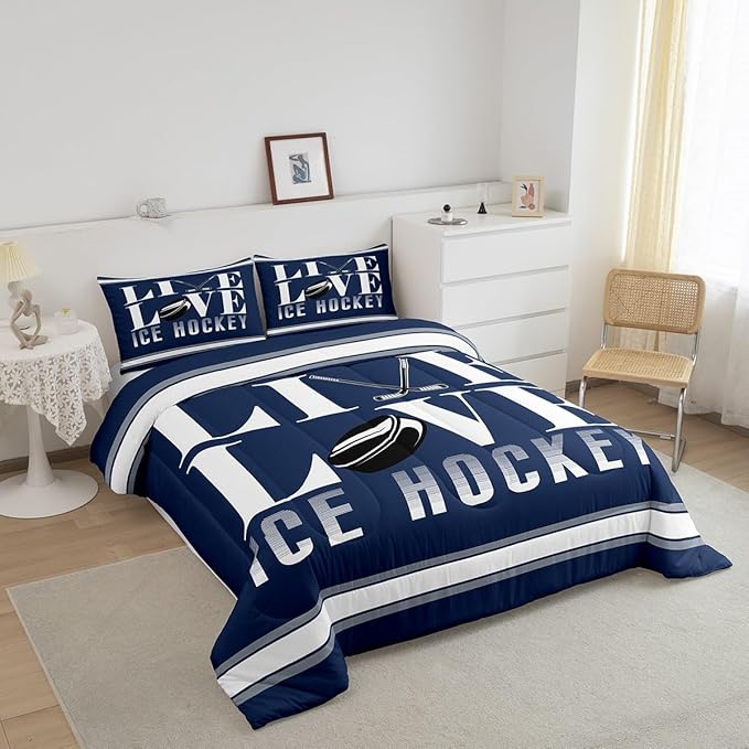 Feelyou Ice Hockey Bedding Set Queen Size Ice Sports Games Comforter Set for Kids Boys Girls Decor Hockey Player Comforter Microfiber Puck Hockey Duvet Set Bedroom Quilt Set