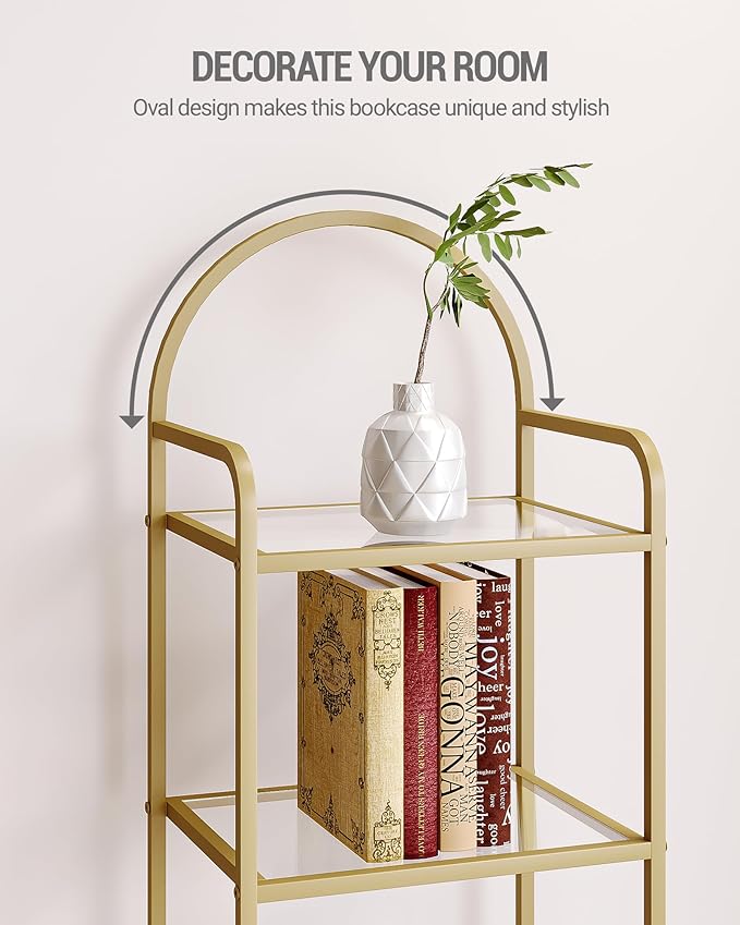Bookcase Bookshelf, Tempered Glass Bookshelves, Slim Shelving Unit for Bedroom, Bathroom, Home Office, Steel Frame, 4 Tier Gold BC04001G