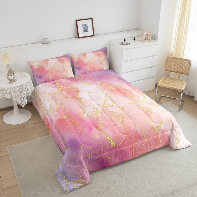 Pink Marble Bedding Comforter Sets Full Size, Tie Dye Marble Decor Comforter Set for Boys Girls Women Bedroom, Gold Bronzing Marble Bedding Pink Purple Modern Abstract Quilt with 2 Pillowcases