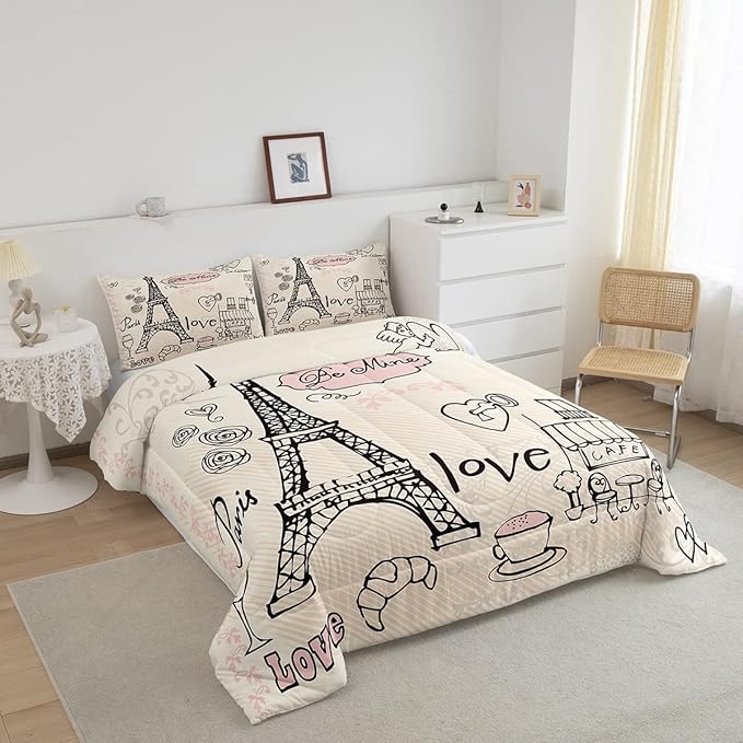 Feelyou Eiffel Tower Comforter Set King Paris Tower Comforter for Girls Romantic Rose Chic Paris Theme Bedding Set Paris Cityscape Printed Heart Love Duvet Set Room Decor Quilt Set Twin