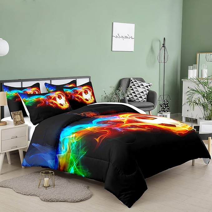 Bodhi Soccer Comforter Set Queen Size,Fire Sports Comforter Set for Boys,Football Bedding Queen,Teen Boy Bedding Set with Matching Pillowcases,Kids Comforter Set Queen