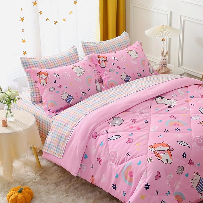 Pink Cats Comforter Set Twin Size for Girls Kids Teens 7 Piece Cute Animal Fish Butterfly Bed in A Bag Cartoon Rainbow Star Sun Heart Bedding Set All Season Lightweight