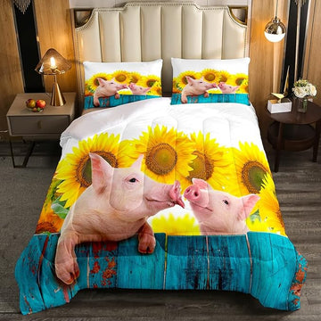 Pig Comforter Set Full Sunflower Bedding Set For Kids Boys Girls Farmhouse Animals Duvet Set Funny Cute Pig Quilt Set Rustic Country Plant Floral Comforter Set Turquoise Wooden Comforter Set