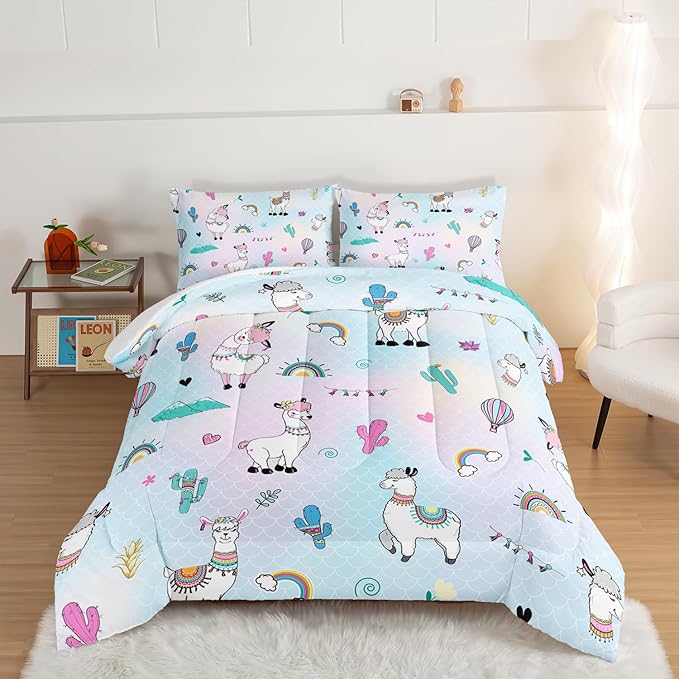 HOSIMA 3 Piece Cartoon Animal Llama Comforter,Cute Alpaca Toddler Comforter,Desert Cactus Plant Twin Bed in a Bag Sets for Adults Kids,Fish Scales Comforter Rainbow Twin Bedding Sets for Girls Boys.