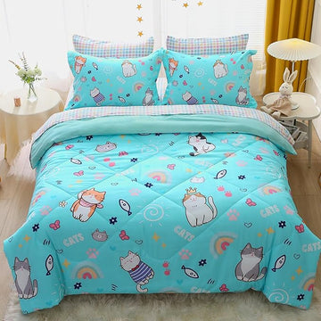 Kawaii Cats Comforter Set Twin Size for Girls Boys Kids Teens 7 Piece Cute Animal Fish Butterfly Bed in A Bag Cartoon Rainbow Star Sun Heart Bedding Set All Season Lightweight