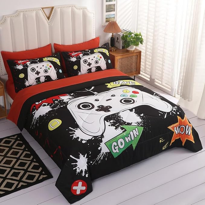Wajade Kids Game Comforter Set Bed in A Bag Queen Size 7 Piece 3D Colorful Video Game Controller Bedding Set for Boys Girls (1 Comforter, 1 Flat Sheet, 1 Fitted Sheet, 2 Pillowcase and 2 Pillow Sham)