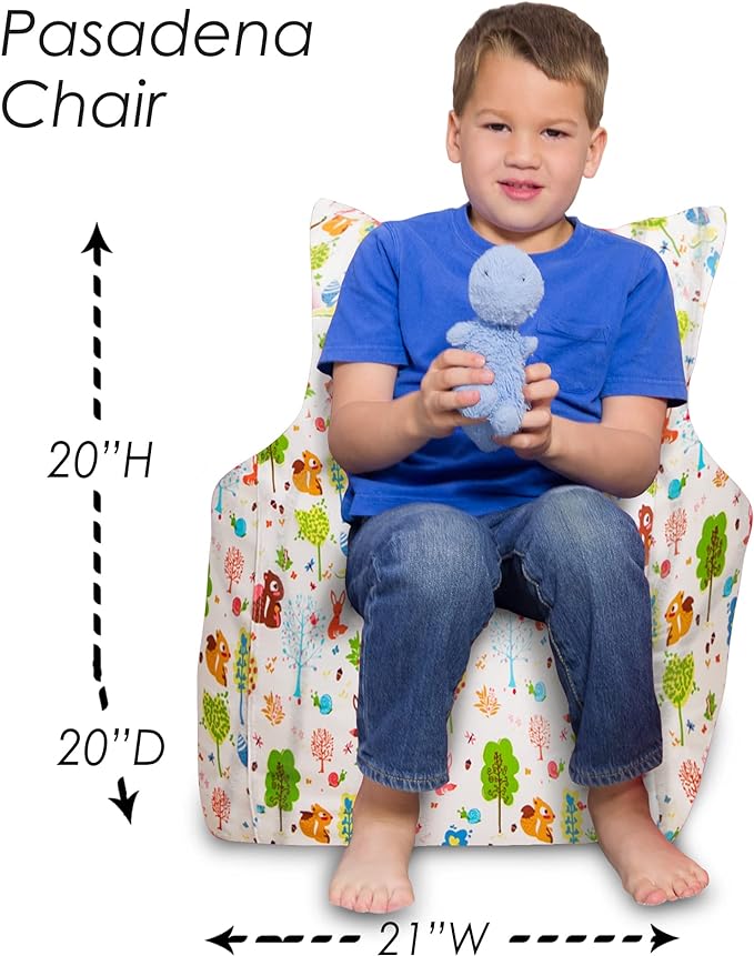 Posh Creations Structured Comfy Bean Bag Chair for Gaming, Reading, and Watching TV, Pasadena Chair, Canvas - Forest Critters on White