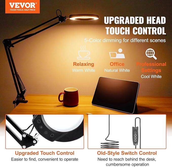 VEVOR Magnifying Glass with Light and Stand, 5X Magnifying Lamp, 4.3" Glass Lens, Base and Clamp 2-in-1 Desk Magnifier with Light, 64 LED Lights 5 Color Modes, for Close Work Reading Repair Crafts