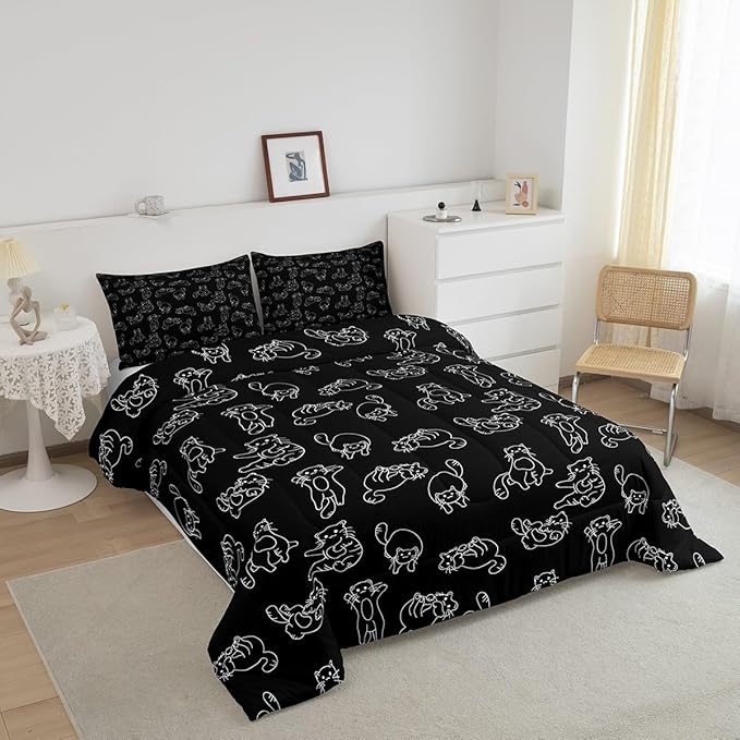 Cartoon Cat Bed Sheet Set Cute Pet Cats Kids Comforter Set Animal Pattern Printed Bedding Set Set for Boys Room Decor Kitten Print Bed Cover Full Size with 3 Pillow Case