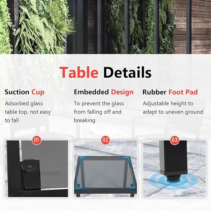 FDW 3 Pieces Patio Furniture Set, Outdoor Garden Patio Conversation Sets with Glass Top Table & 2 Lawn Chairs Outdoor Bistro Set, for Backyard Lawn Porch Garden Poolside Balcony