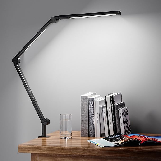 LED Desk Lamp with Clamp, Adjustable Swing Arm, Dual Light Sources, Stepless Dimming, Modern Table Light for Home Office, Work, Study, Flexible, Eye-Caring Clip-on Desk Light