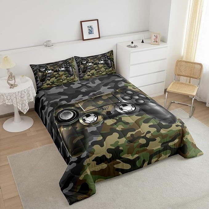 Feelyou Kids Gamer Comforter Set Camouflage Gaming Bedding Set for Boys Teens Green Black Camo Video Game Decor Comforter Gamer Console Quilt King Size Duvet Quilted 3Pcs Boys