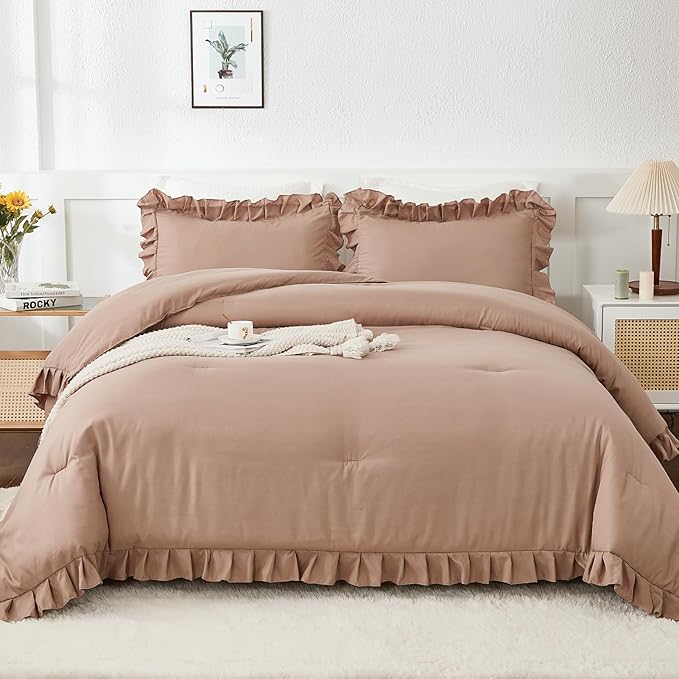 Andency Taupe Full Size Comforter Set, 3 Pieces Boys Men Solid Bedding Comforters & Sets, All Season Farmhouse Fluffy Bed Set Bedspread Blanket Quilts Gifts