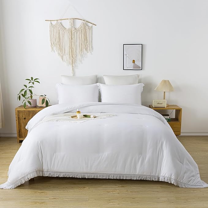 Andency White Comforter Set Twin Size, 2 Pieces Boho Lightweight Tassel Bedding Comforter Sets, All Season Soft Fluffy Fringe Bed Set (66x90In Comforter & 1 Pillowcase)