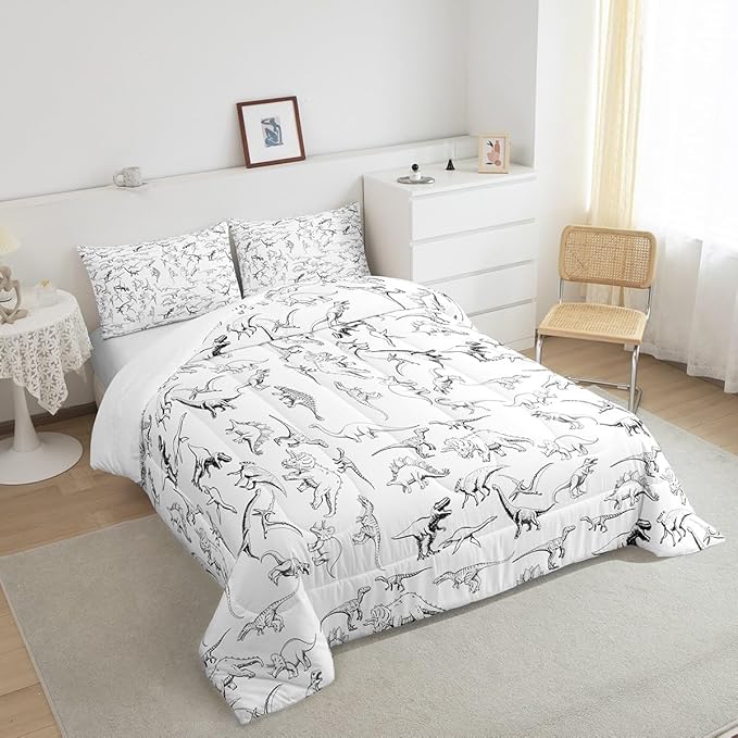 Feelyou Dinosaur Bedding Set Twin Size 3D Digital Print Comforter Set for Kids Boys Girls Decor Jungle Dino Comforter Wild Animal Black and White Duvet Set Bedroom Quilt Set