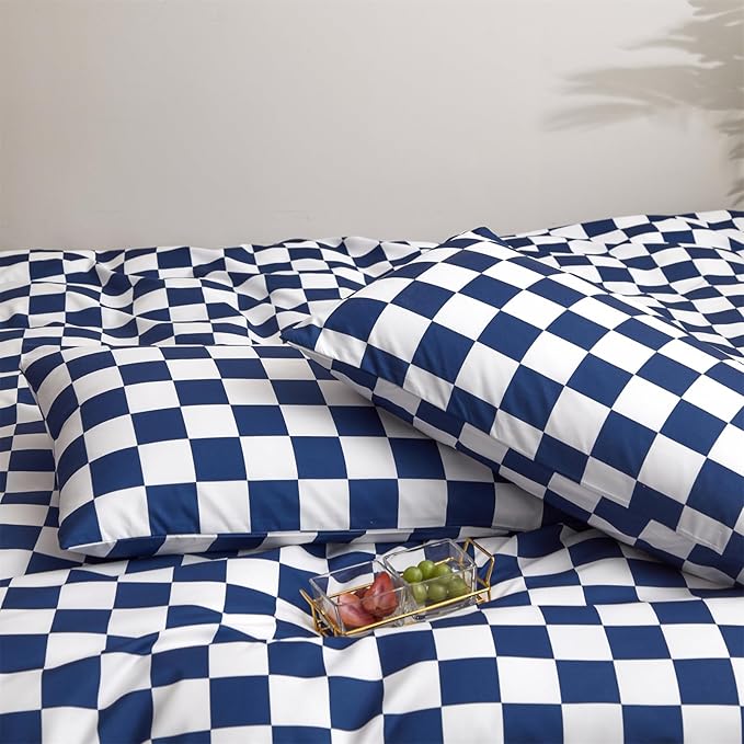 Wellboo Blue White Plaid Comforter Sets California King Diamond Royal Blue and White Checkerboard Grid Bedding Comforters Cal King Cotton Modern Jewelry Blue Checkered Geometric Quilts Sapphire Bed