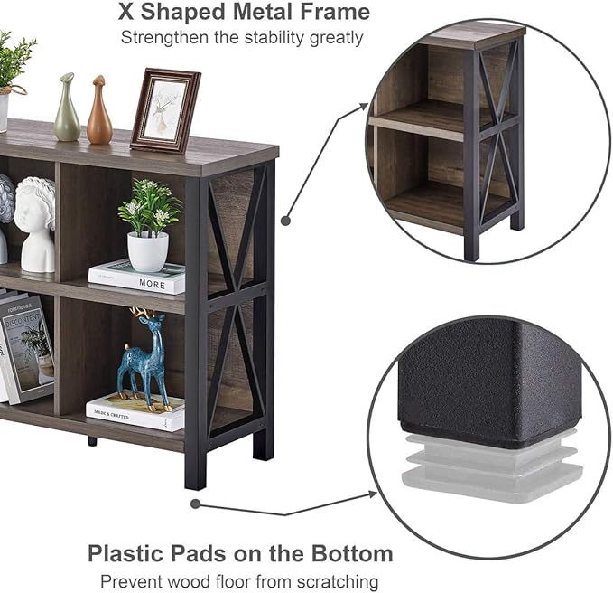 FATORRI 8 Cube Storage Organizer Bookshelf, Rustic Wood Cubby Bookcase, Industrial Horizontal Long Shelf for Living Room (Walnut Brown, 62 Inch)