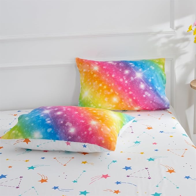 A Nice Night 6Pcs Gradient Glitter Bedding Set for Girls, Colorful Rainbow Galaxy Comforter Set, Ultra Soft Bedding Sets (Multi,Queen 6Pcs)
