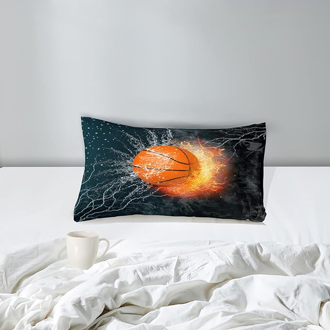 Basketball Comforter Set Twin, Sports Basketball Bedding for Boys Kids Teens Bedroom Orange Basketball Ice Fire Twin Size Comforter Set for Boys 2 Pieces(1 Comforter 1 Pillowcase)