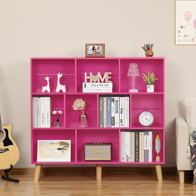 LEYAOYAO 10 Cube Bookshelf,3 Tier Modern Wide Bookcase with Legs,Mid-Century Wood Bookshelves Storage，Pink Large Book Case,Freestanding Organizer Display Shelf for Bedroom,Living Room,Office