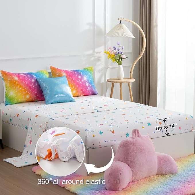 A Nice Night 6Pcs Gradient Glitter Bedding Set for Girls, Colorful Rainbow Galaxy Comforter Set, Ultra Soft Bedding Sets (Multi,Twin 6Pcs)