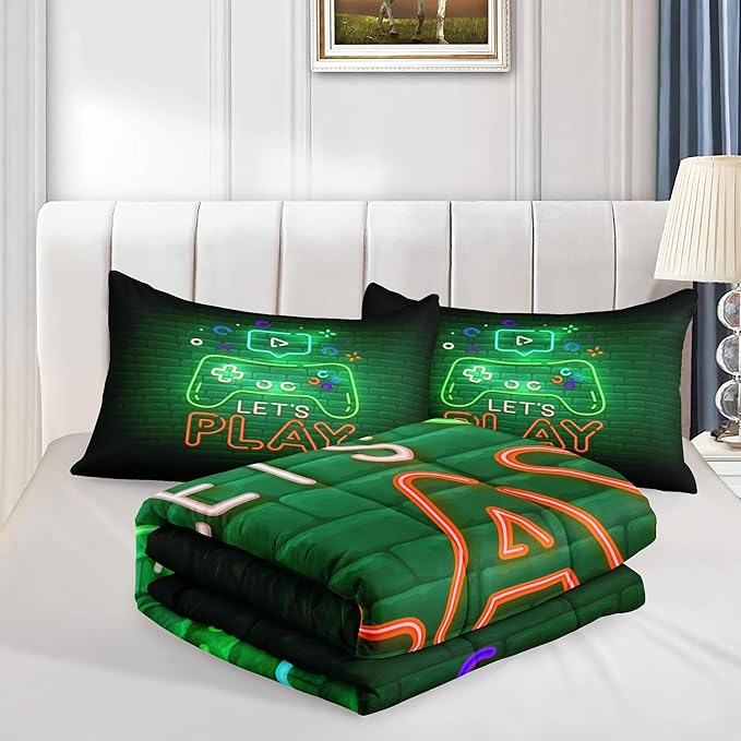 6 PCS Gamer Bedding Sets,Gaming Comforter Set for Boys,Kids Bedding Sets for Boys,Full Size Bedding Sets for Boys,Bed in A Bag with Sheets(Full,Green Color)