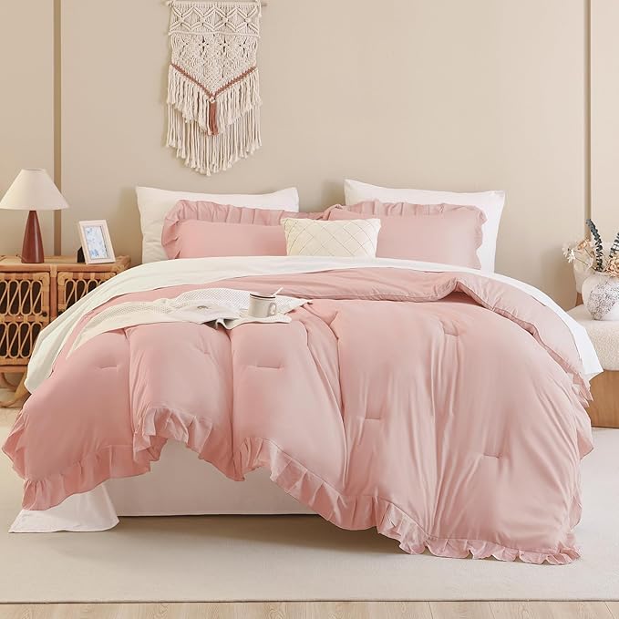 Andency Blush Pink California King Comforter Set, 3 Pieces Oversized Farmhouse Shabby Chic Bed Ruffle Comforter, Cal King Lightweight Soft Microfiber Bedding Set